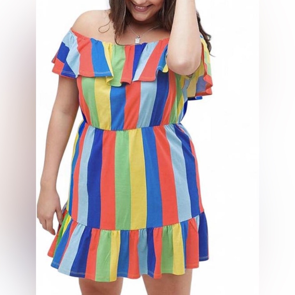 ASOS Rainbow Stripe Off the Shoulder Ruffle Mini Dress (NWT)